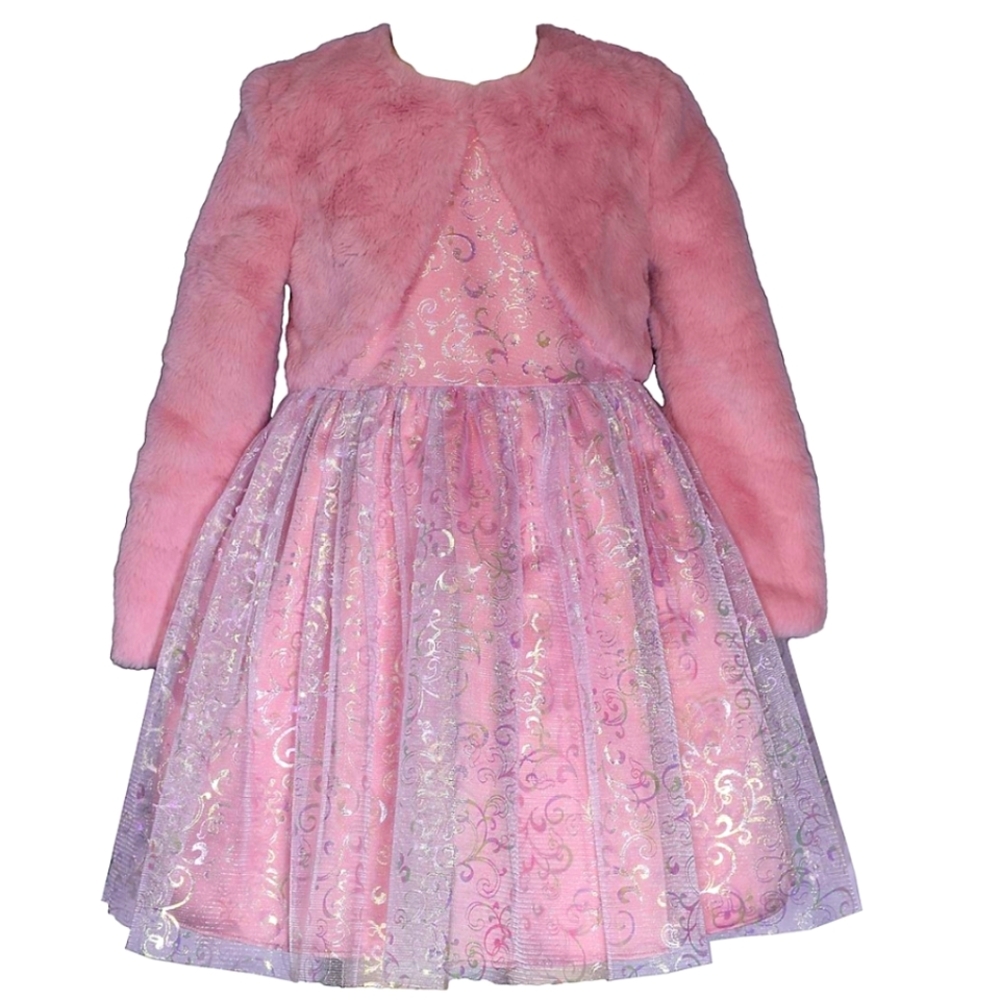 BONNIE JEAN infant faux fur cardigan holographic sleeveless dress
